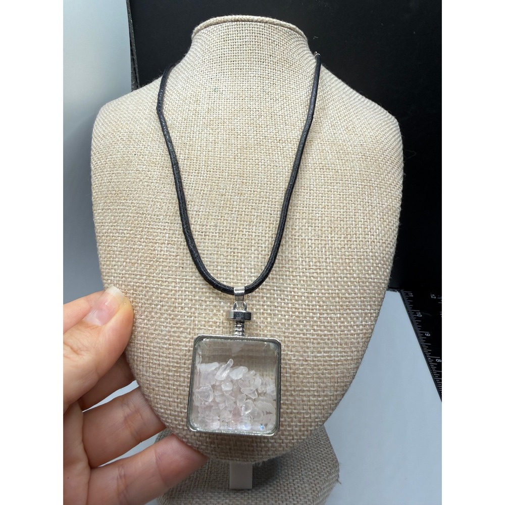 Rose Quartz Crystal Chip Square Glass Pendant Necklace Black Cord Adjustable